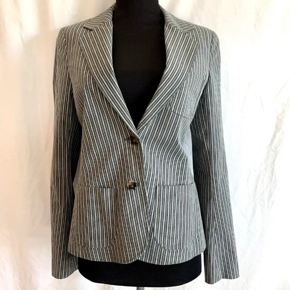 Theory Steel Blue Cotton Blend Striped Blazer - Size 8 Medium - Picture 1 of 5